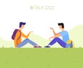 Web page design template. Two students are talking on the lawn in the park. Talk in harmony with nature. Vector illustration